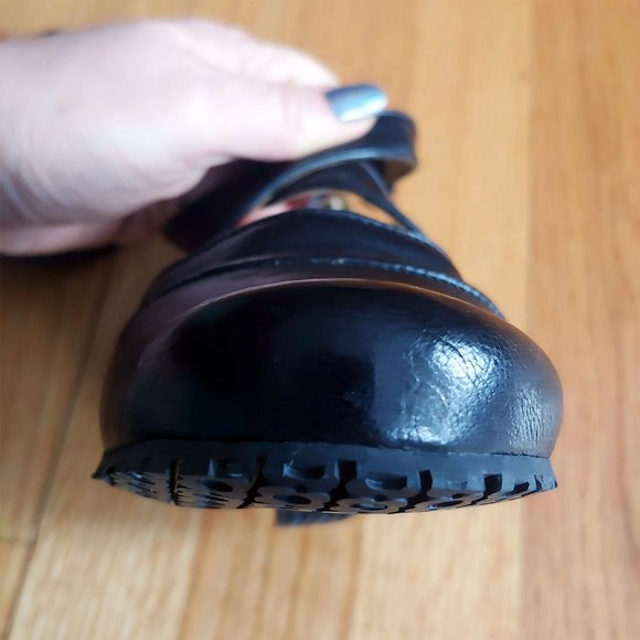 [SOLD] Fly London Black leather Mary Jane Cross Strap Wedge Heels - Picture 15 of 16